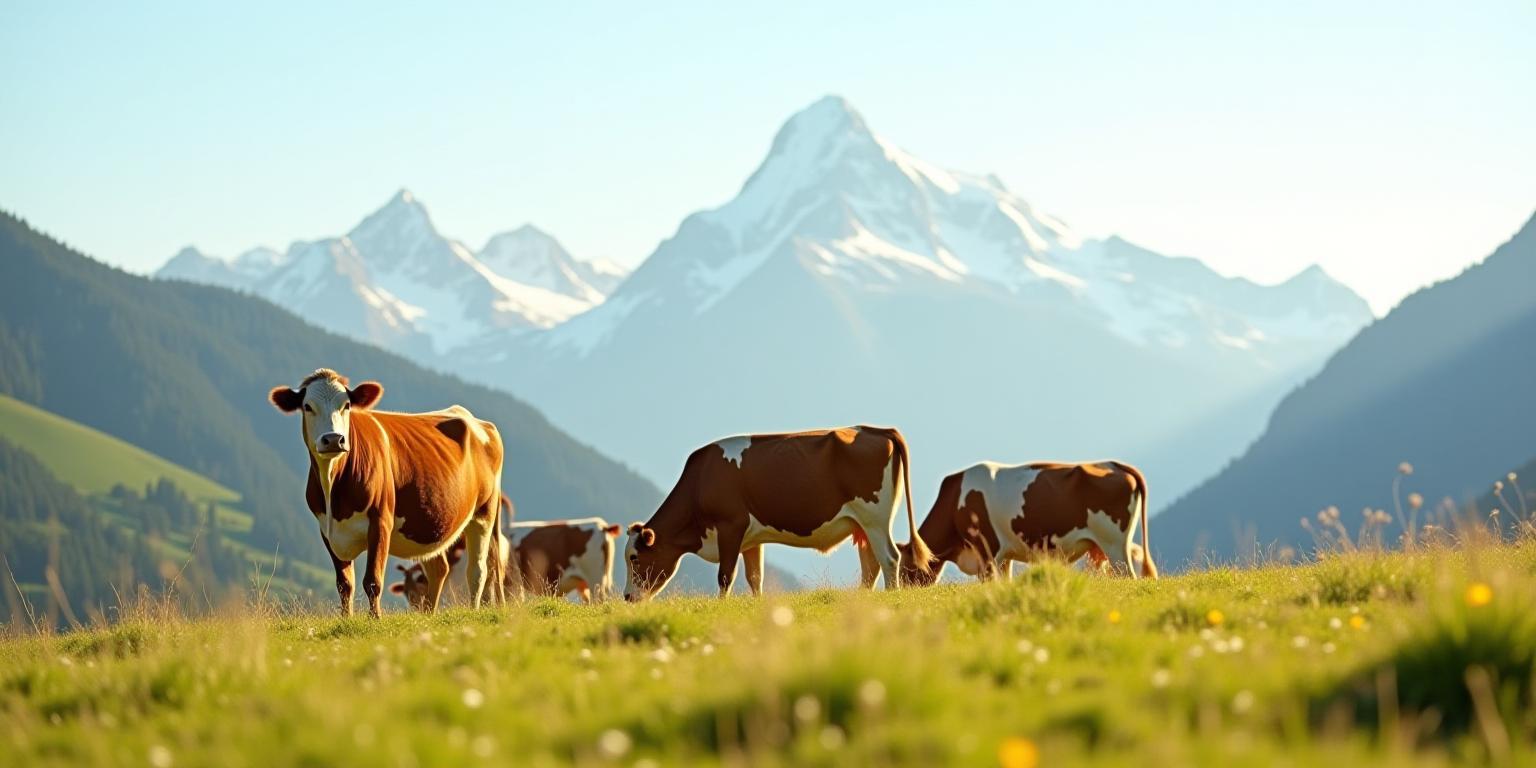 Landschaft des Alpenhofs mit grasenden Kühen vor Alpenpanorama